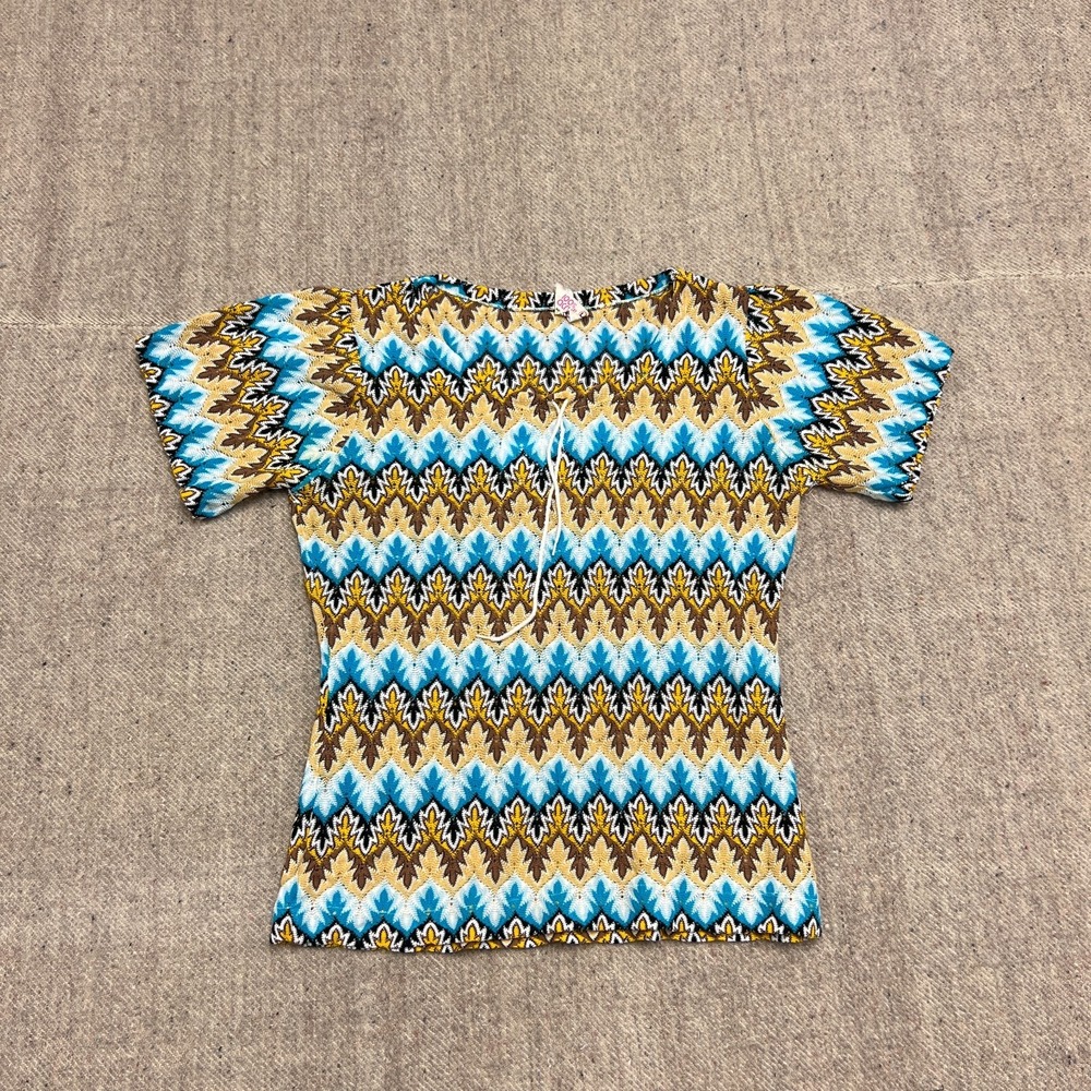 Vintage Acrylic Mesh Shirt Women's Large Blue 1970s Striped Geometric